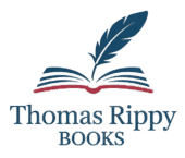 Logo of "Thomas Rippy Books" featuring an open book with a quill pen above it, in dark blue and red colors on a light background.